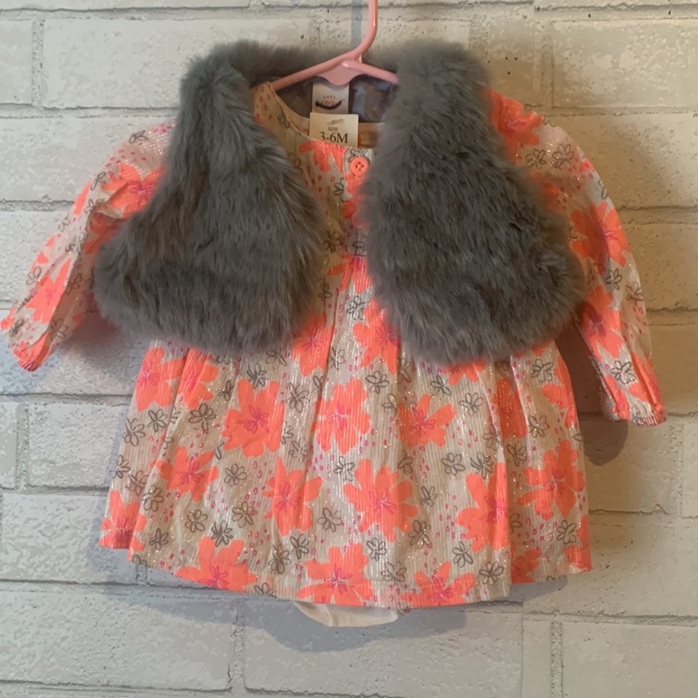 Girl’s Cat & Jack Pink White with Gray Silver Floral Metallic Dress 3-6M NWT